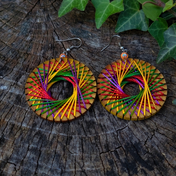 Earth Art hand crafted artisan Jewelry - Handmade Multicolor Rainbow Circle Wood Earrings